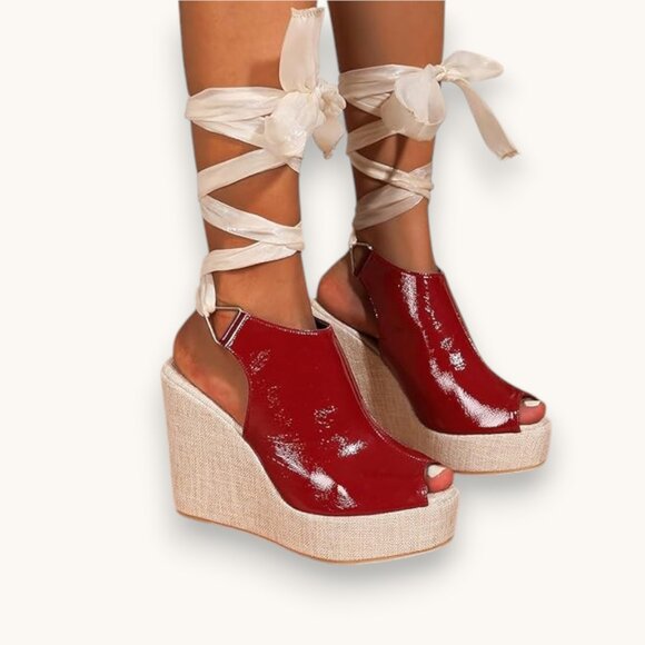 Women's Round Peep Toe Platform Wedge Sandals Espadrille, RED, Size 6.5 - Picture 4 of 7